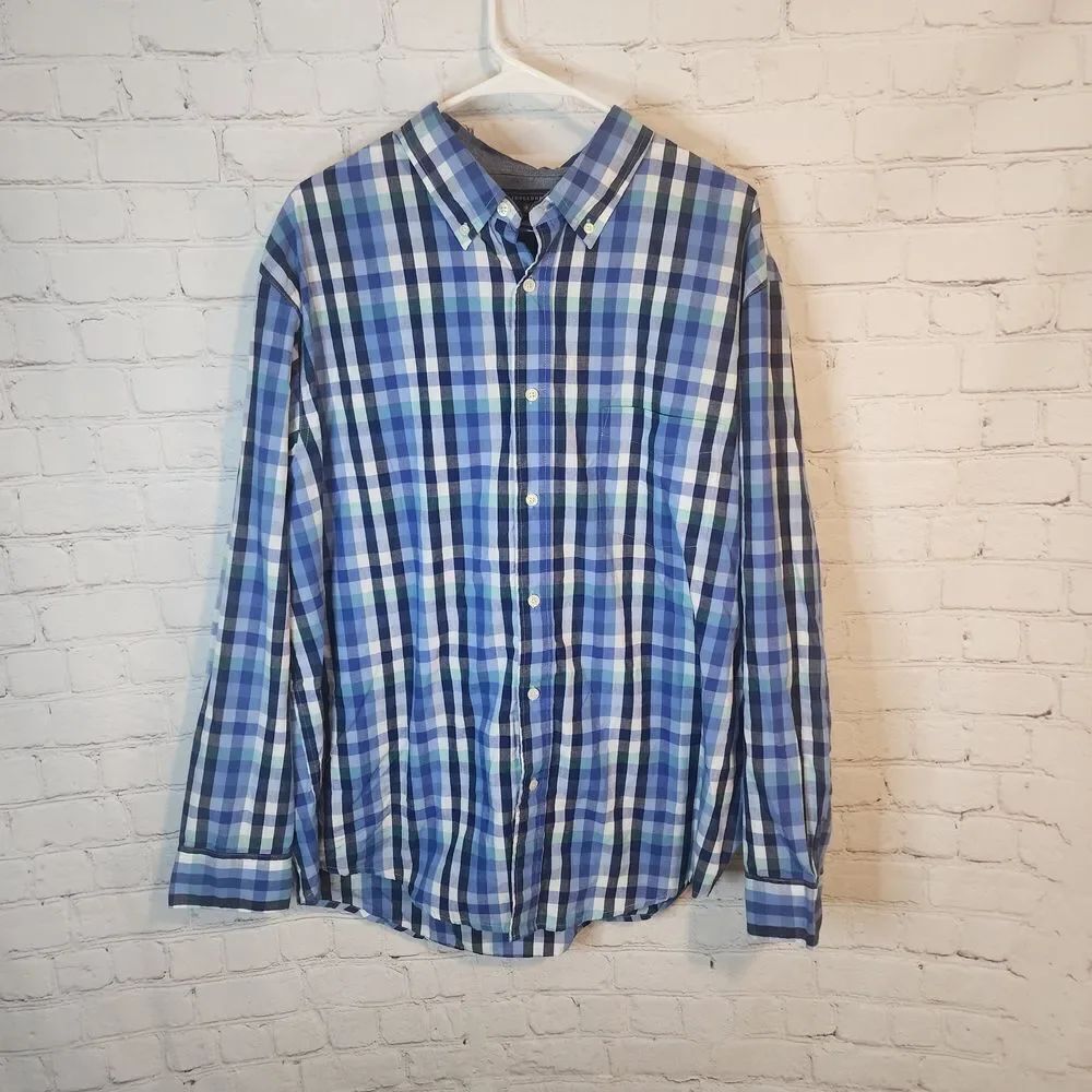 Men's Saddlebred Blue Plaid Casual Button Down Shirt, Size XL
